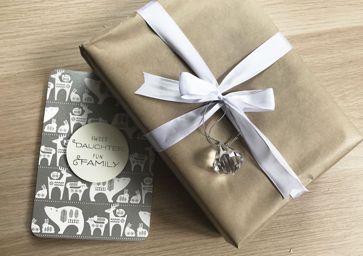 b. wrap the present the same way as the smaller boxes, but use a most substantia ribbon as it is a biggish box, add a beautiful card, like this one from Hallmark and the 'crystal' bauble, from Woolworth's